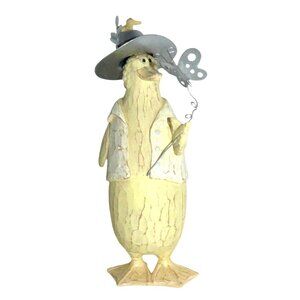 Rare Yellow Duck Distressed Wood Like Figurine Metal Hat & Butterfly Accent Vtg